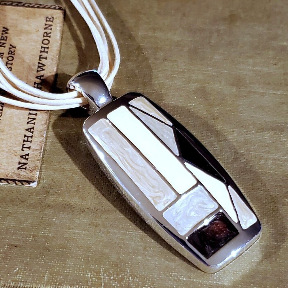 Mid Century Style Cream Tan Dark Brown Silver White Rectangular Pendant Necklace